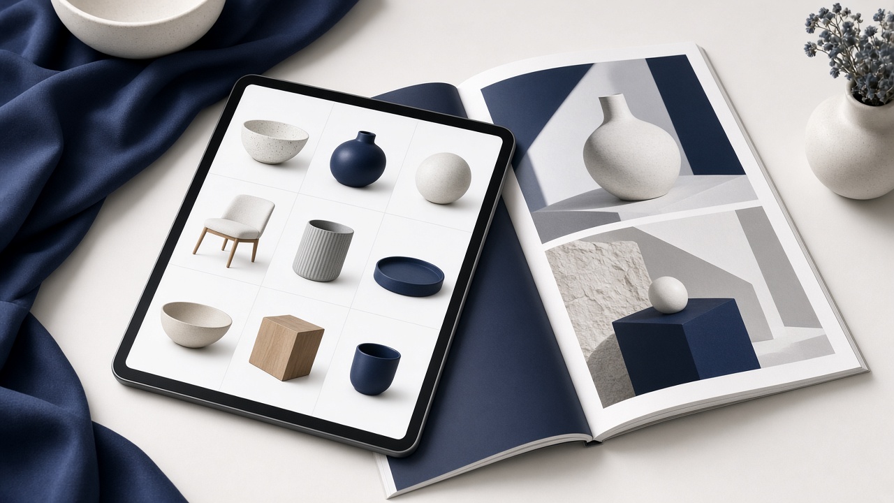 Tablet üzerinde ürün ızgarası ve basılı katalog